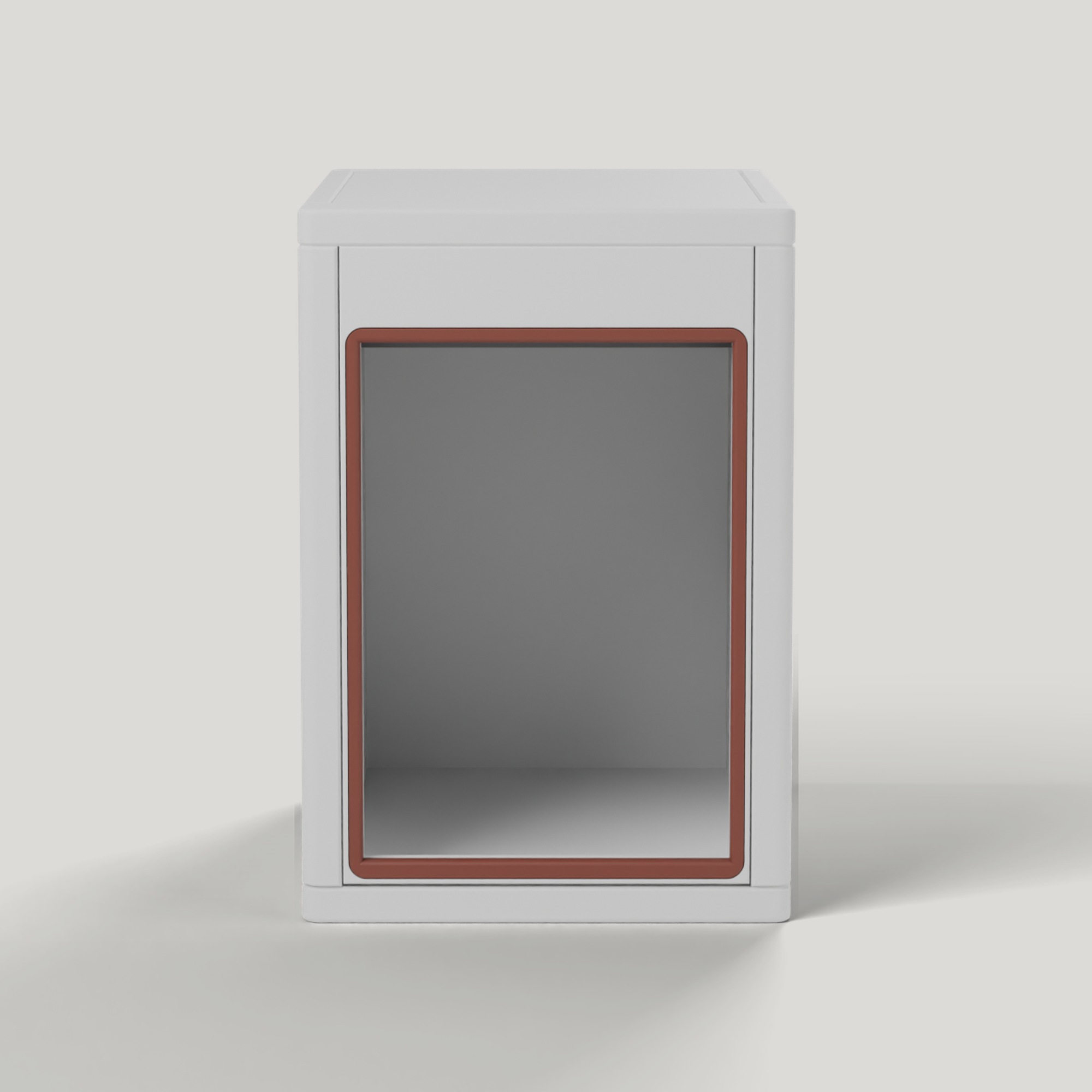 The front window of the box, framed in red